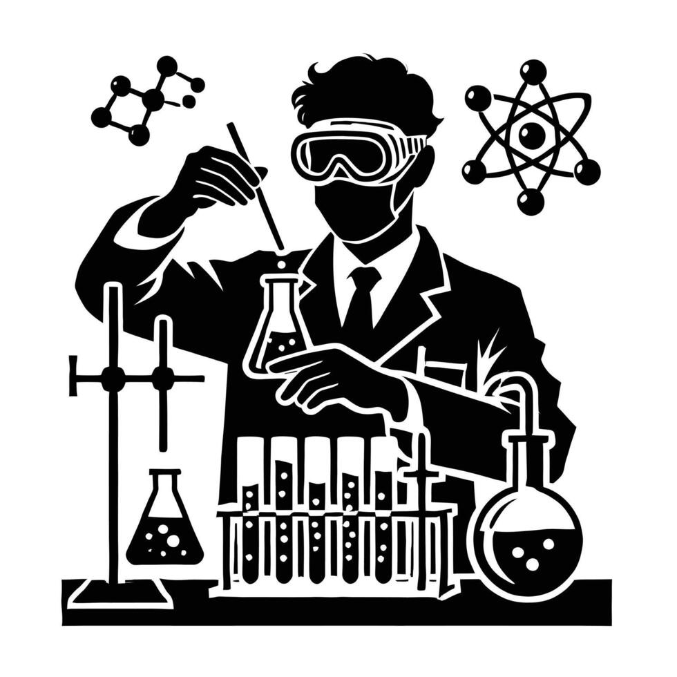 A black and white illustration of a man in a lab coat vector