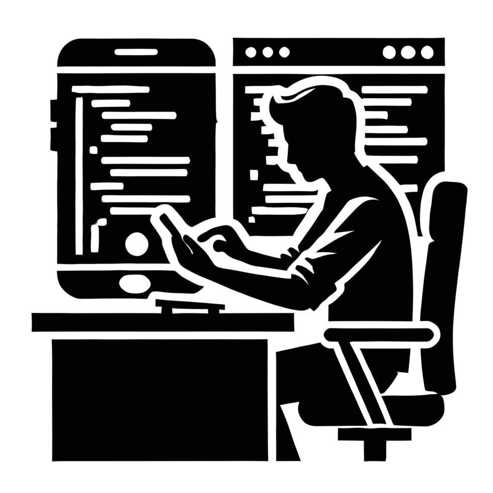 A black and white silhouette of a man sitting at a desk vector
