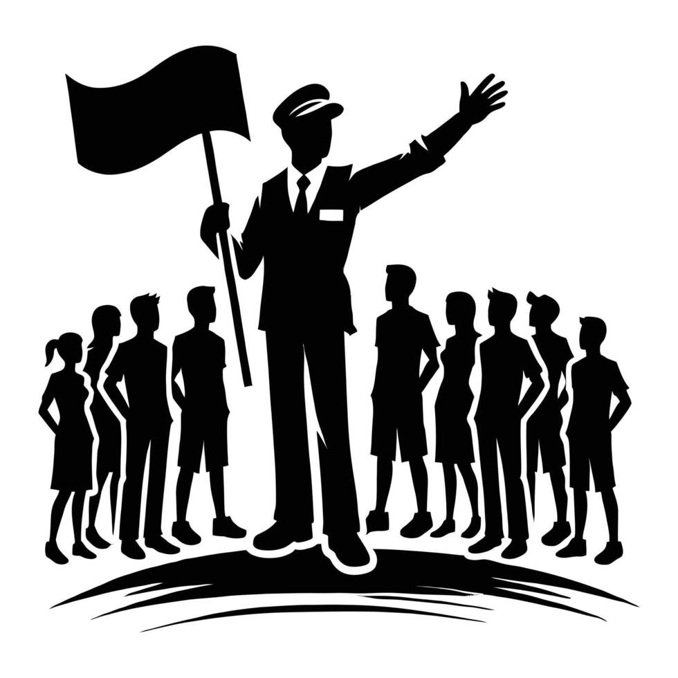 A man with a flag and a group of people vector