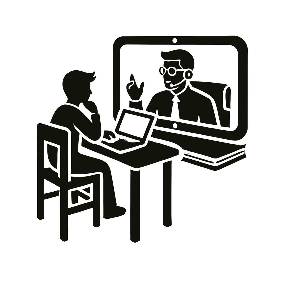 A man sitting at a desk with a laptop and a call vector