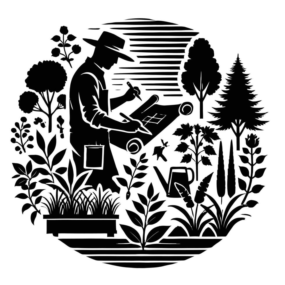 A man in a hat and hat is working in the garden vector