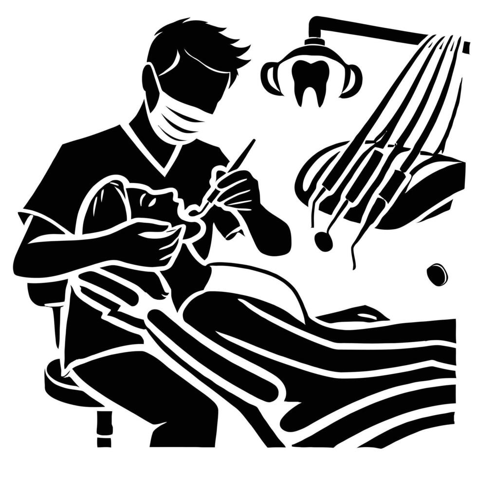 A black and white illustration of a dentist vector