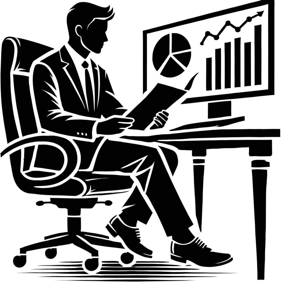 Businessman sitting at desk with computer and graphs vector