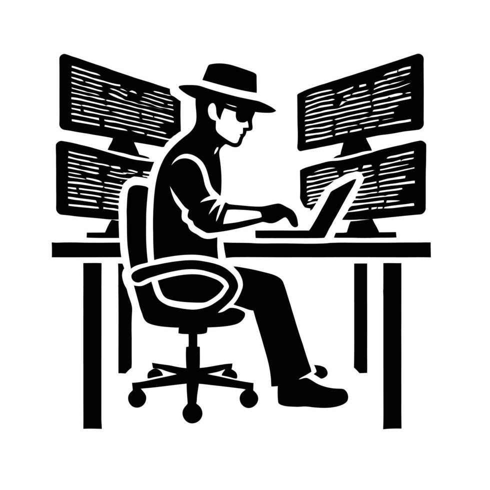 A man in a hat is sitting at a desk with a laptop vector