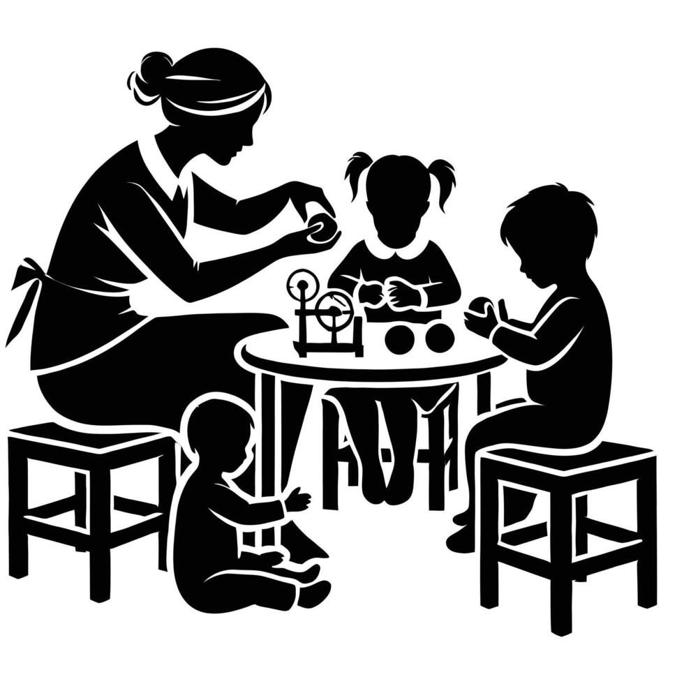 Mother and children at table clipart vector