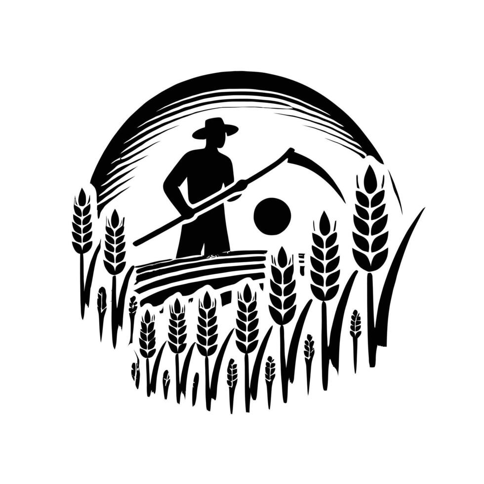 A black and white logo of a farmer with a scythe vector