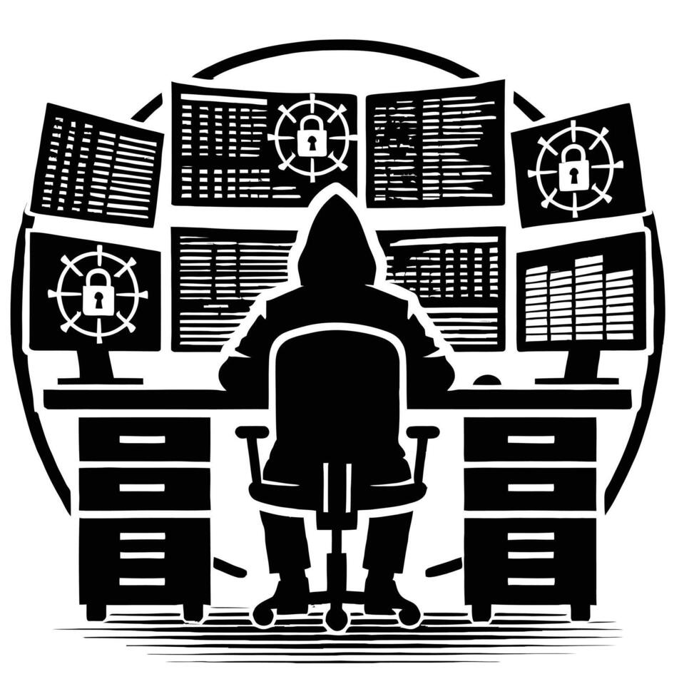 A person sitting at a desk with multiple monitors vector