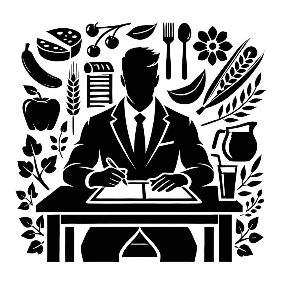 A man in a suit and tie sitting at a desk with a pen and paper vector