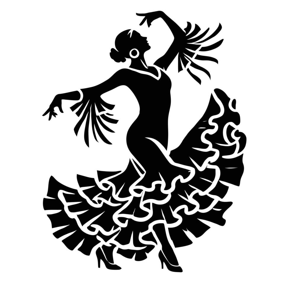 A black and white silhouette of a woman dancing flamenco vector