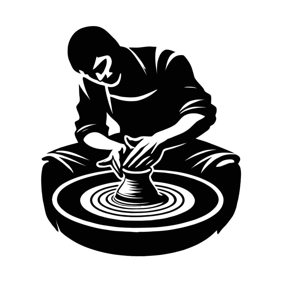 A black and white illustration of a potter on a wheel vector