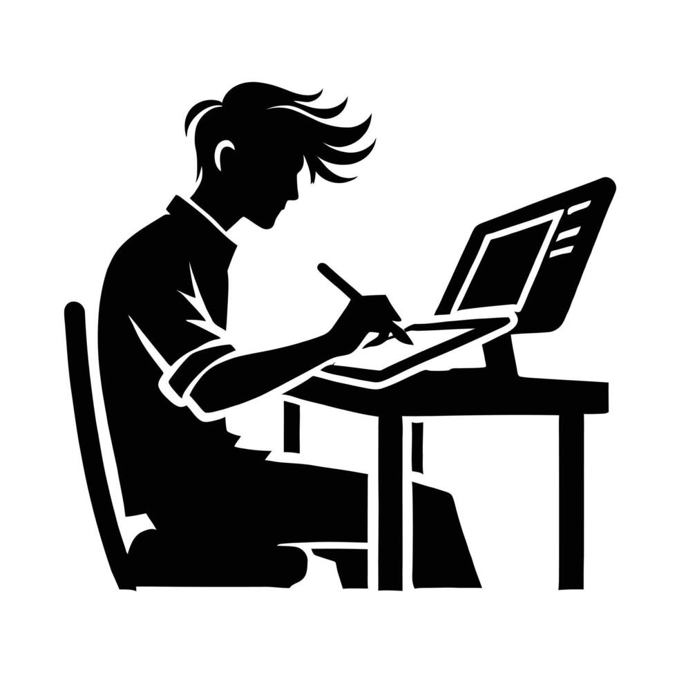 A silhouette of a man sitting at a desk with a computer vector