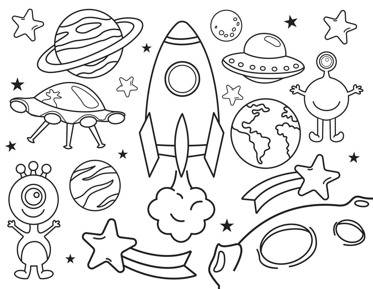 Outer Space Object and Symbols Outline Clipart vector