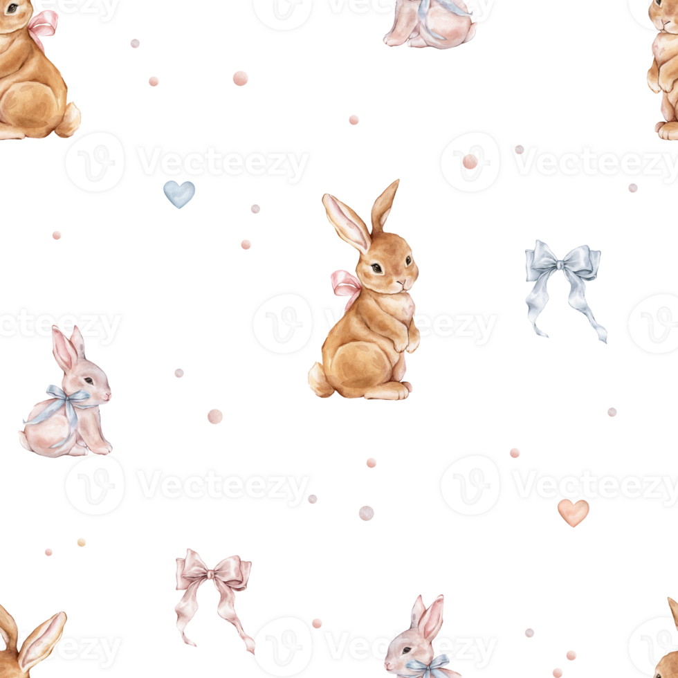Watercolor seamless pattern with cute white rose bunny and red rabbit with blue bow and polka dots. Repeat pattern pastel color. Tender watercolor hand drawn illustration for holiday or kids design. png