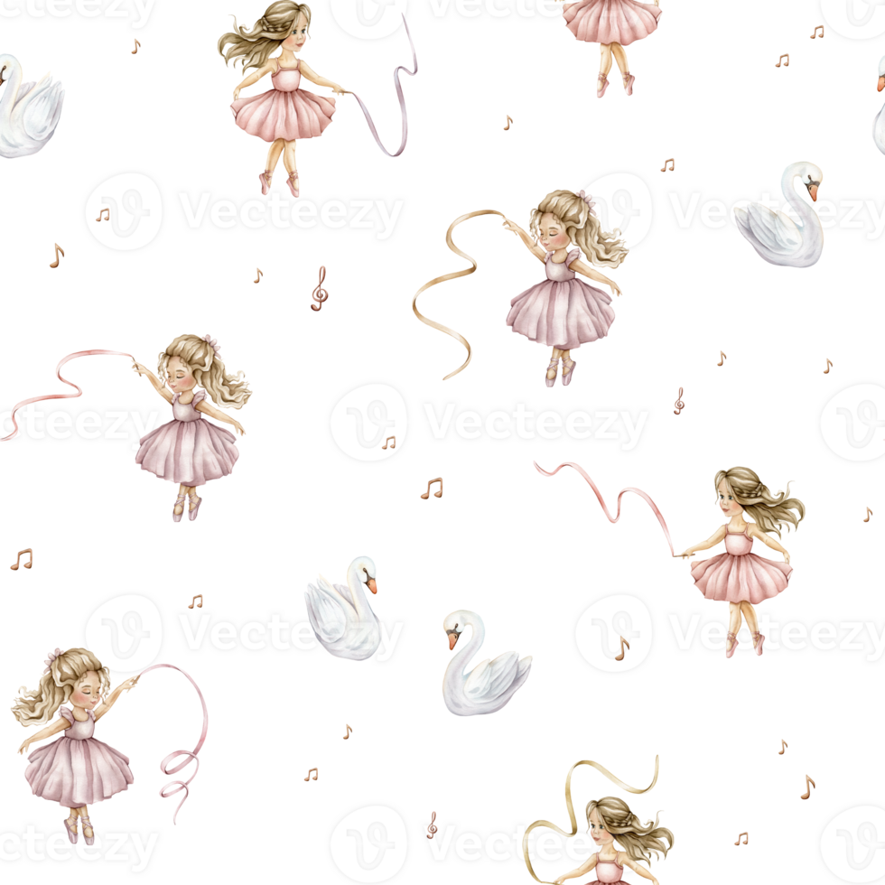 Watercolor seamless pattern with cute little ballerinas with ribbons and swans. Hand drawn illustration heart and notes or treble clef on isolated background. Background for girl textile with dancing png