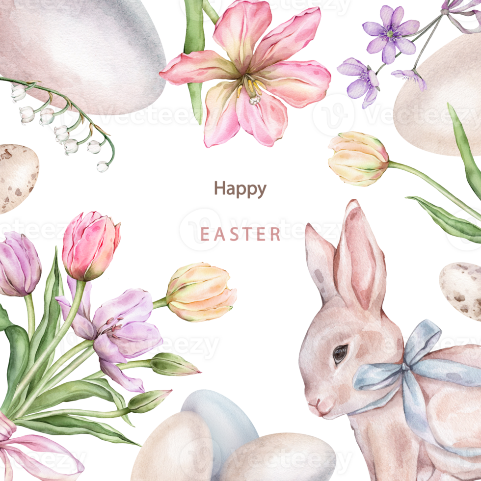 Happy Easter card with watercolor cute rabbits or bunny with light blue bow, paint eggs, spring flowers in pastel colors. Easter watercolor posters with tulips and lilies of the valley, greeting card png