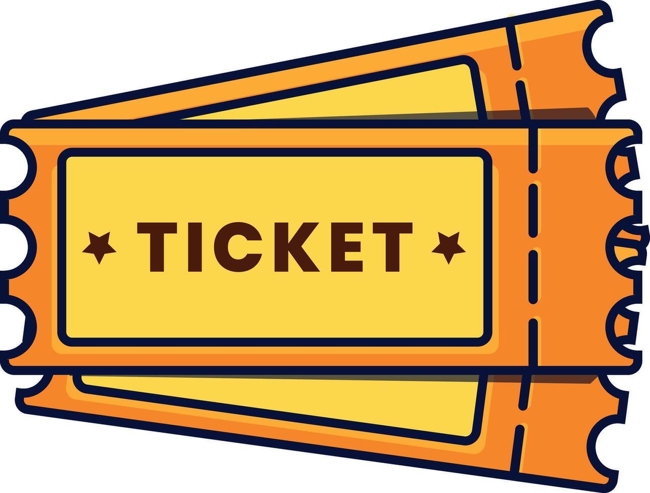 Colorful ticket illustration featuring bright orange and yellow tones with bold outlines and a playful design. Ideal for event promotions, ticketing platforms, entertainment graphics vector