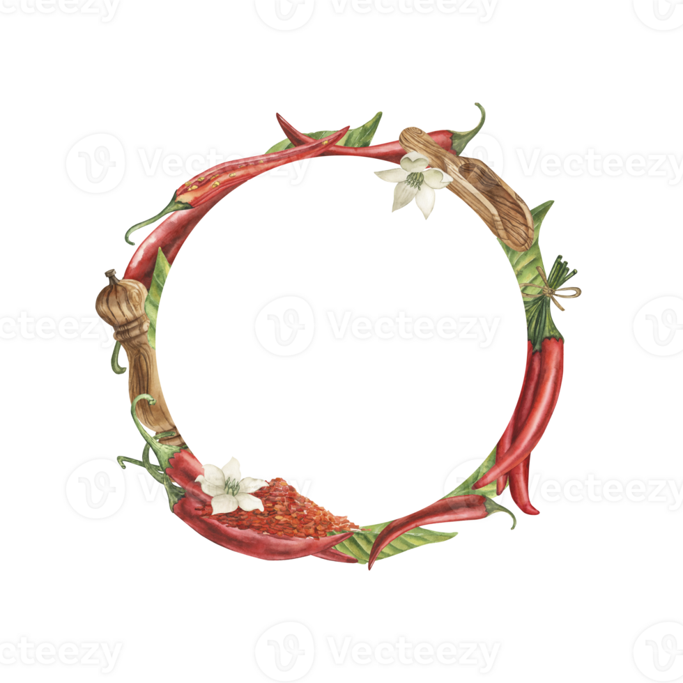 Round frame, framed with spices. red chili pepper, paprika, pepper shaker, wooden spatula, leaves and flowers. Watercolor illustration is hand-drawn in botanical style in red-brown green tones. png