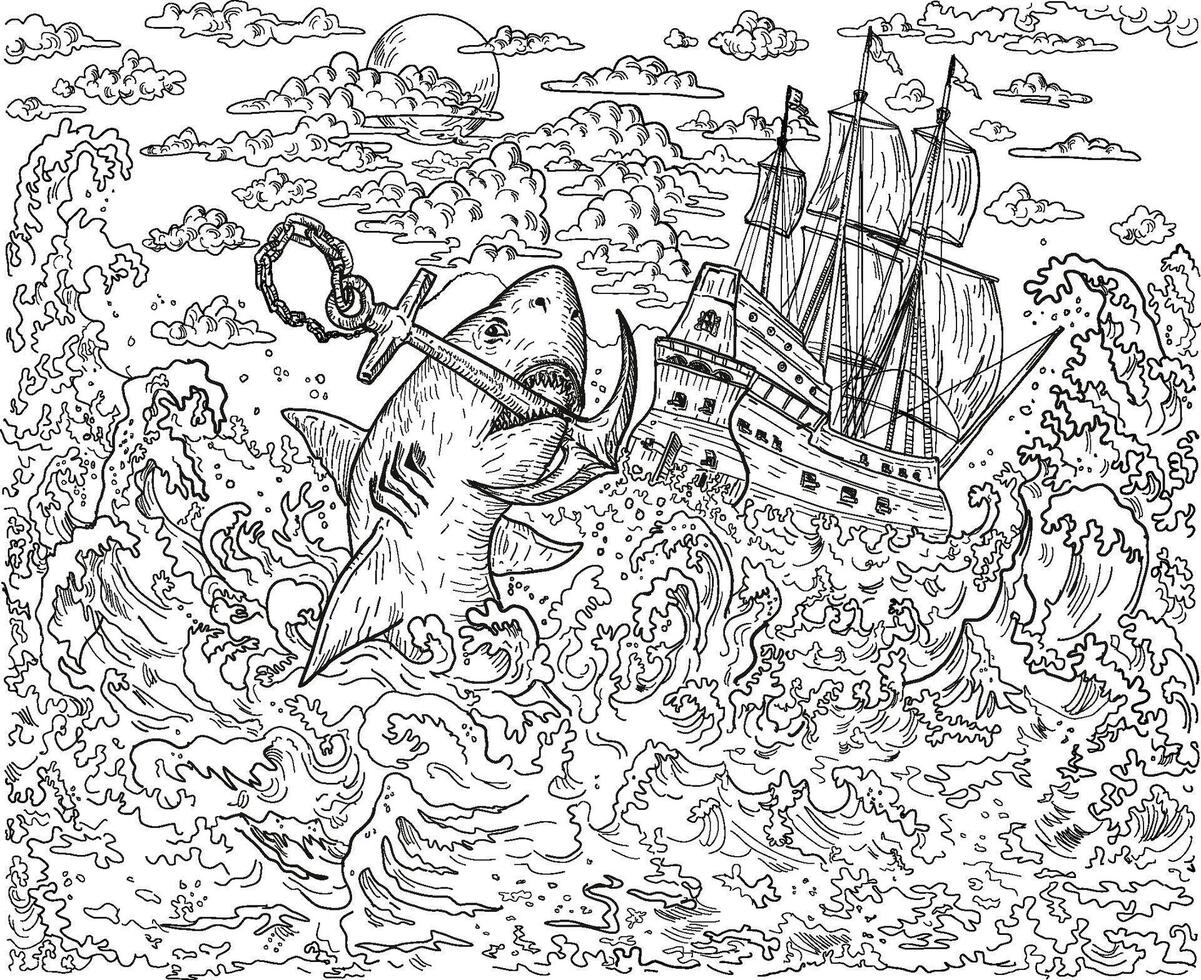 Shark Jumping Up Biting Anchor of Galleon Sailing Ship Drawing vector