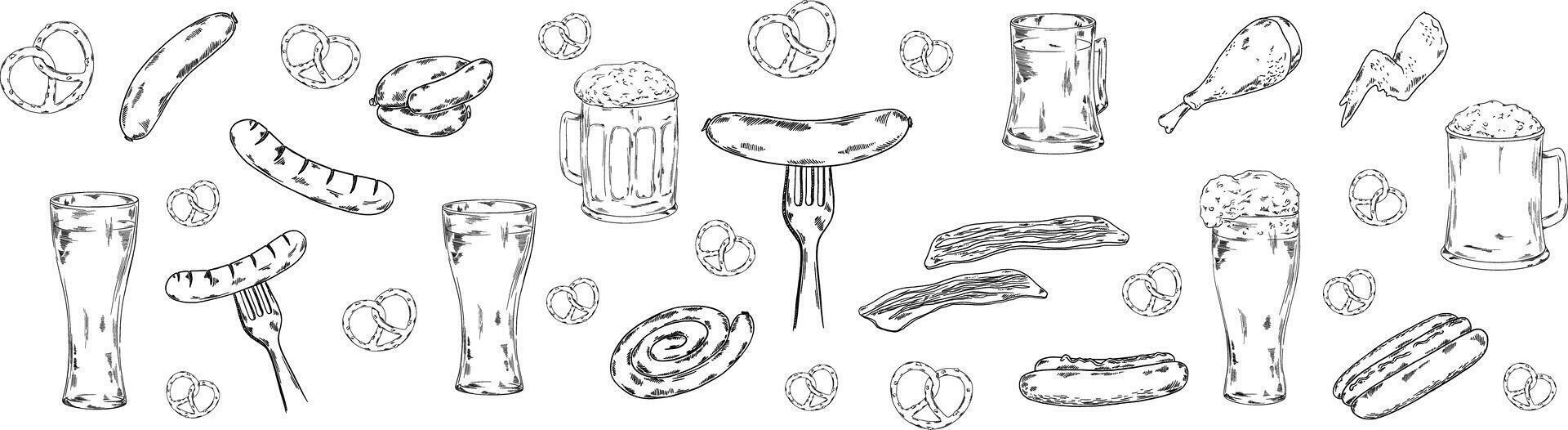 Barbecue bbq banner for web site, card, paper with sausages, bacon, pork, chicken, pretzel, beer snacks and other unhealthy meal for pub bar restaurant menu, meat snacks, fork, food vector