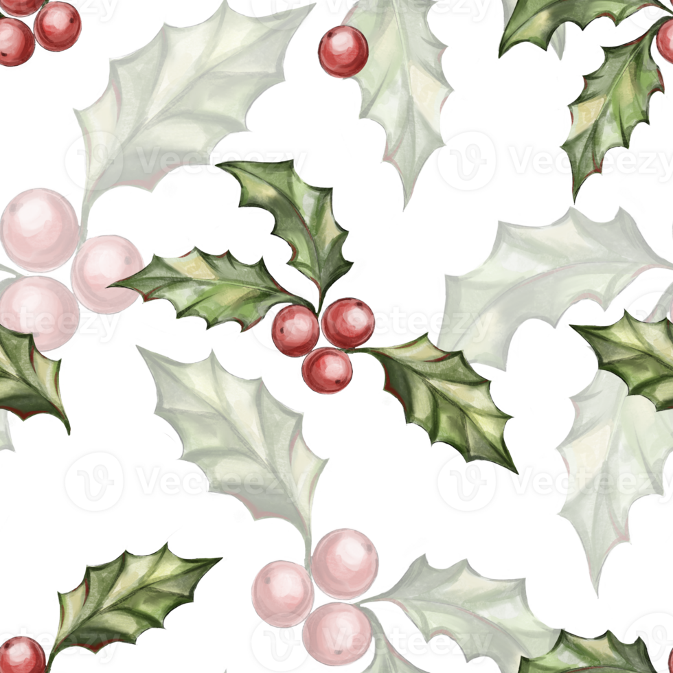 Watercolor seamless pattern with holly. Christmas print with holly plant with berries. Evergreen plant with red berries. Design and decoration, wrapping paper, packaging. Christmas and New Year. png