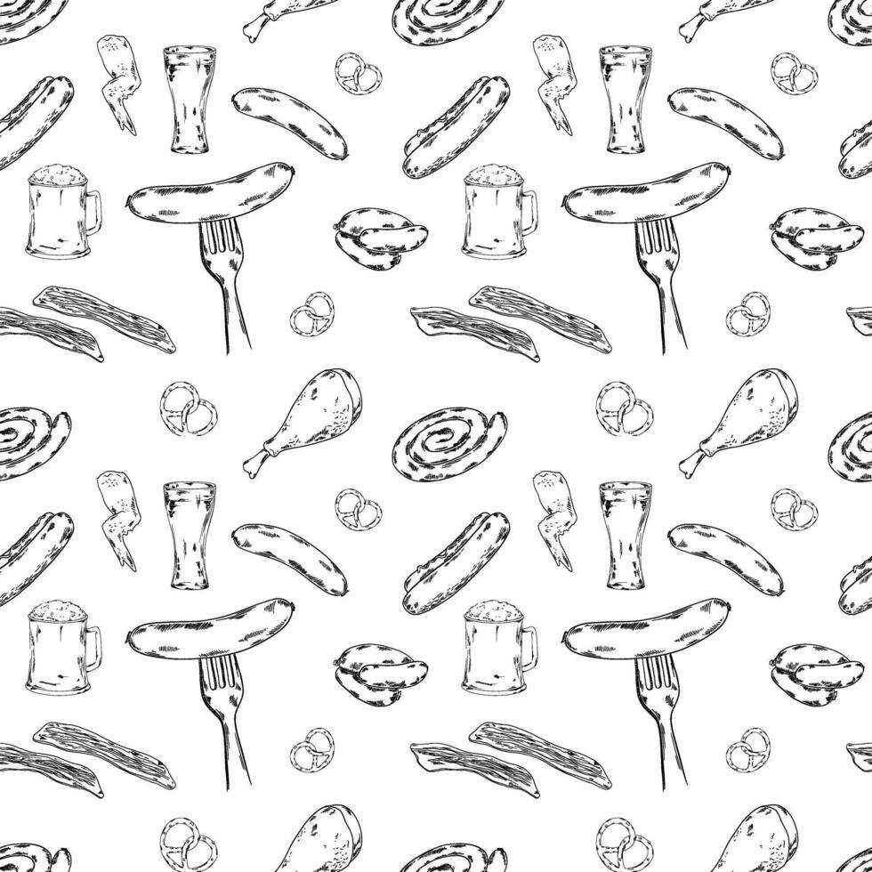 Barbecue bbq seamless pattern for textile or wrapping paper with sausages, bacon, pork, chicken, pretzel, beer snacks and other unhealthy meal for pub bar restaurant menu, meat snacks, fork, food vector