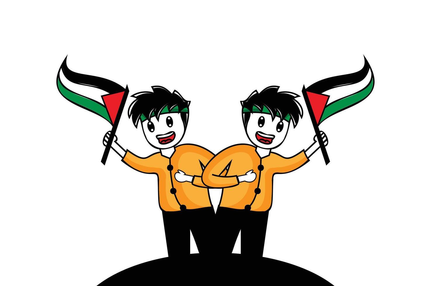 Two cartoon people holding up palestinian flags vector
