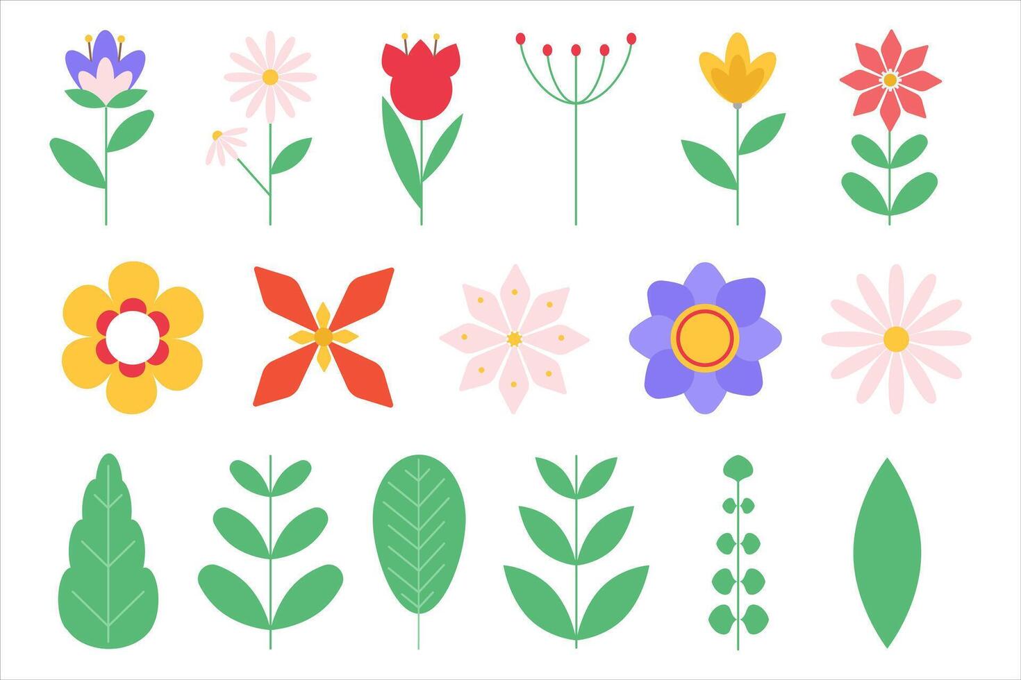 Set of geometric flowers, leaves and branches. vector