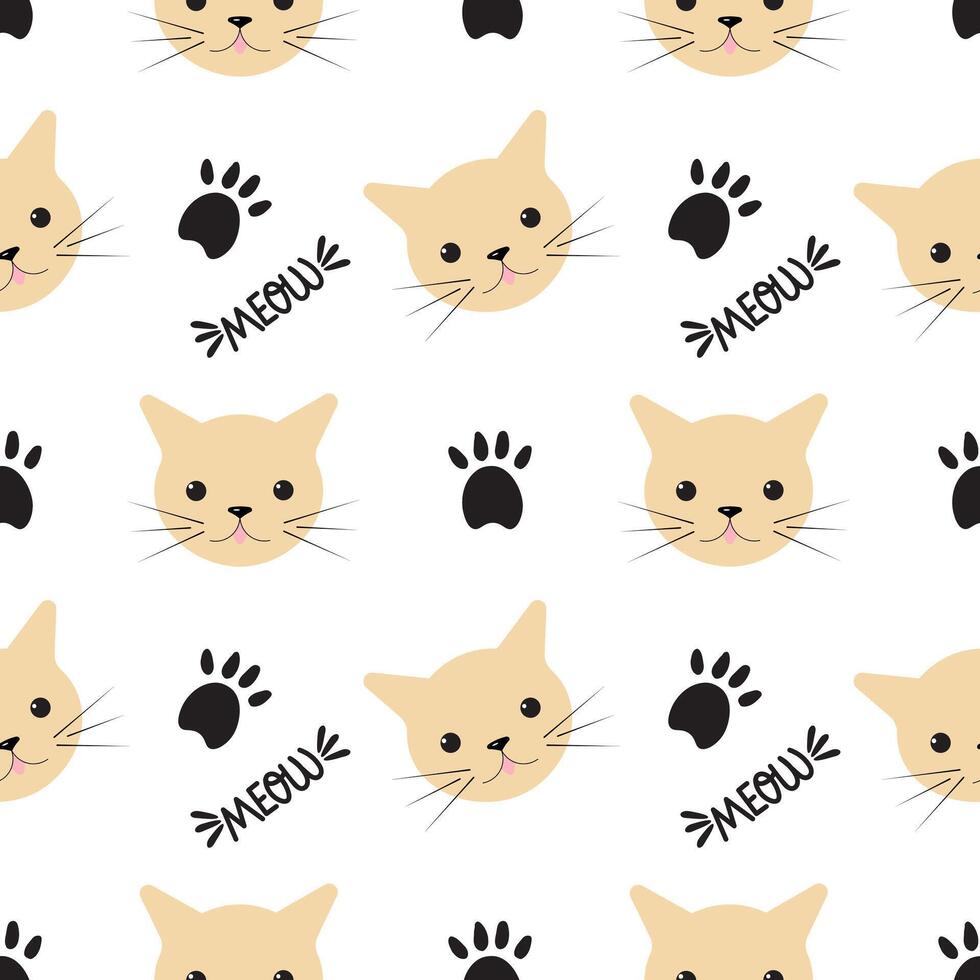 Seamless pattern with cat face, paw print and meow lettering. For fabric design, cover, veterinary. vector