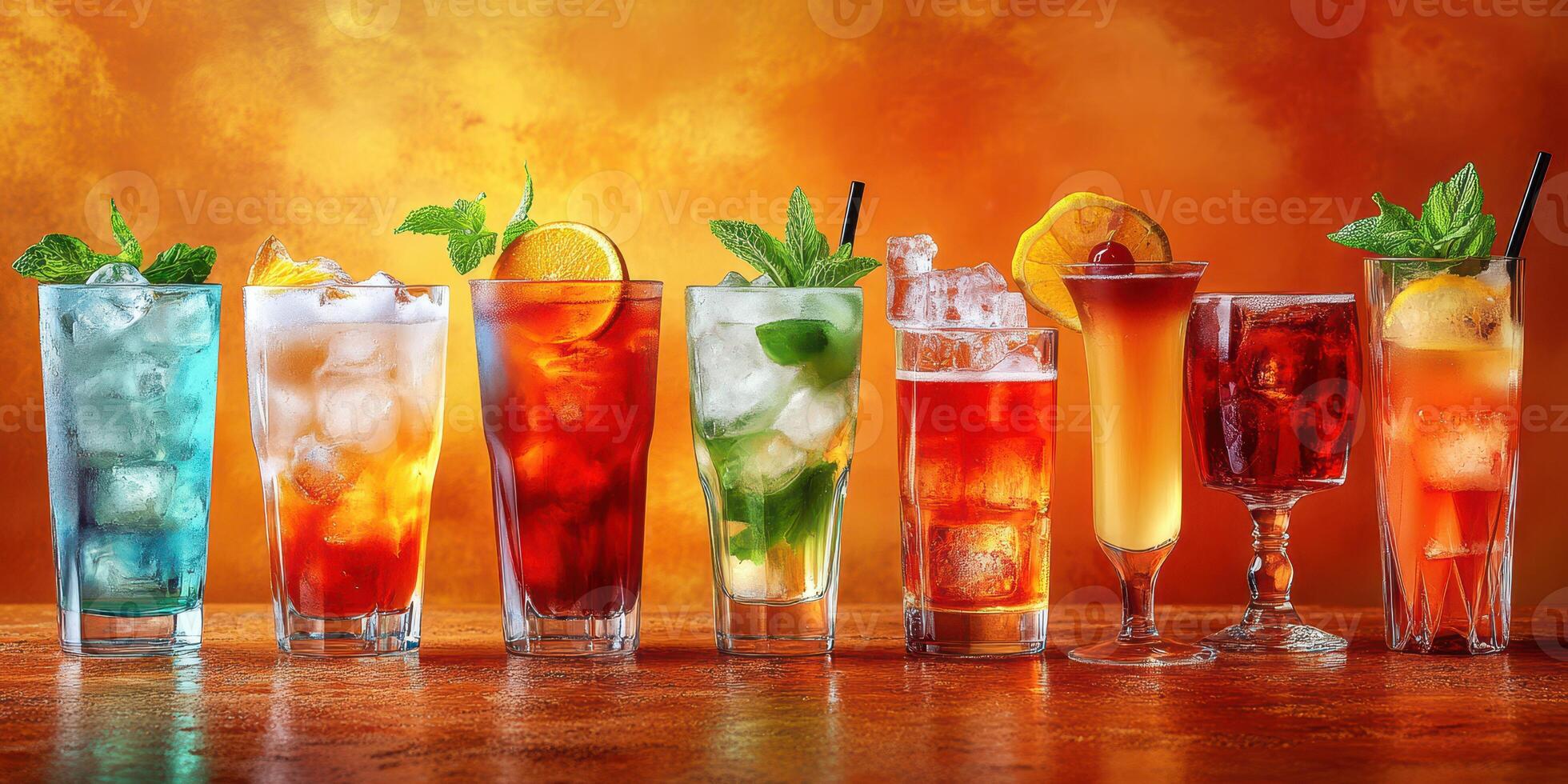 Refreshing assortment of colorful cocktails served on a vibrant background for an evening gathering photo