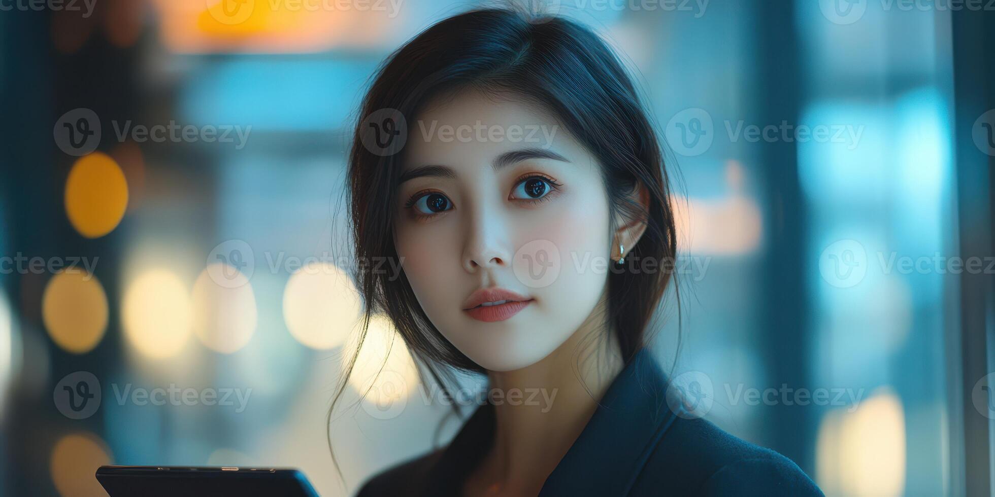Young woman holding a smartphone and looking thoughtfully while standing in a city setting at dusk photo