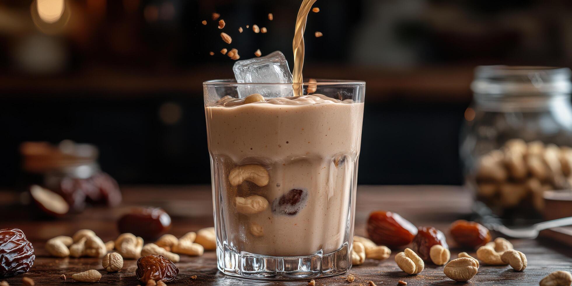 A glass of milk with nuts and dates photo