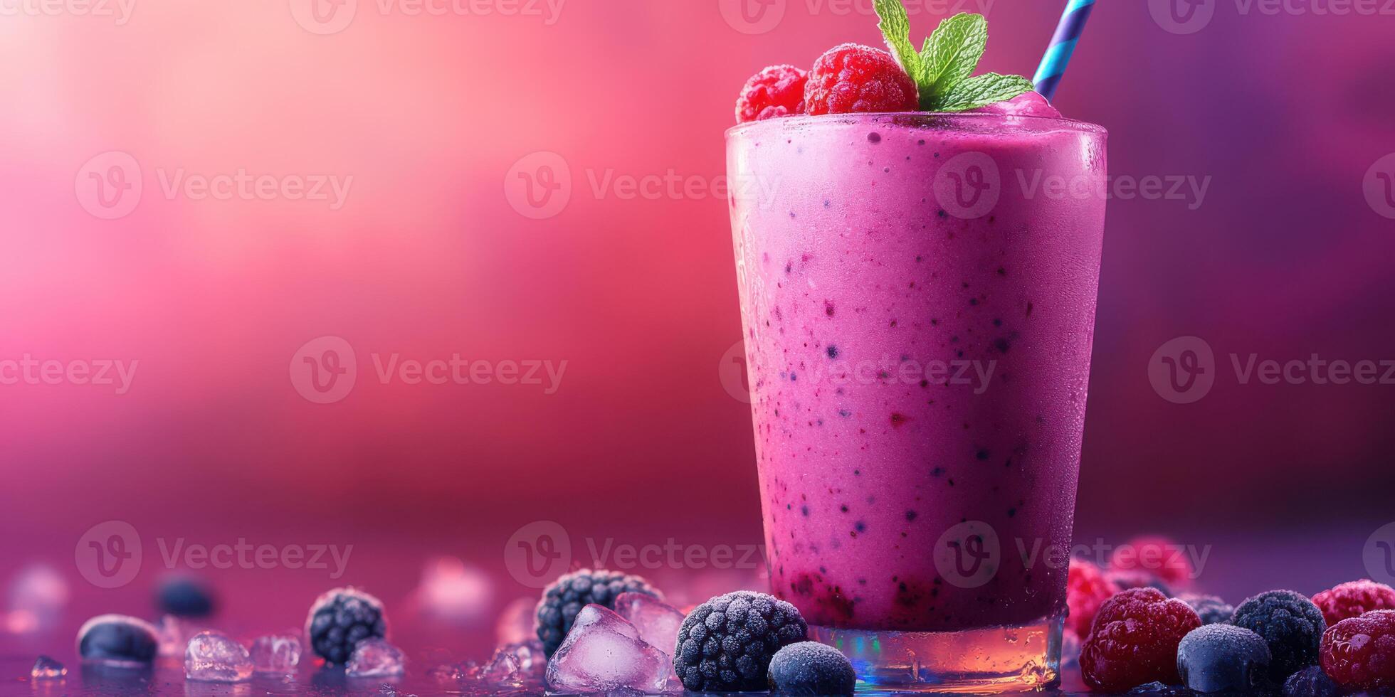 Refreshing berry smoothie served in a glass garnished with fresh raspberries and mint leaves photo