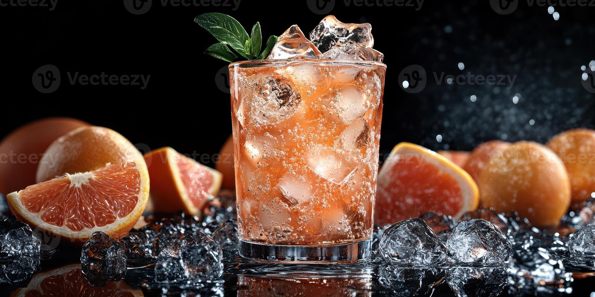 Refreshing citrus drink served over ice with vibrant oranges in the background photo
