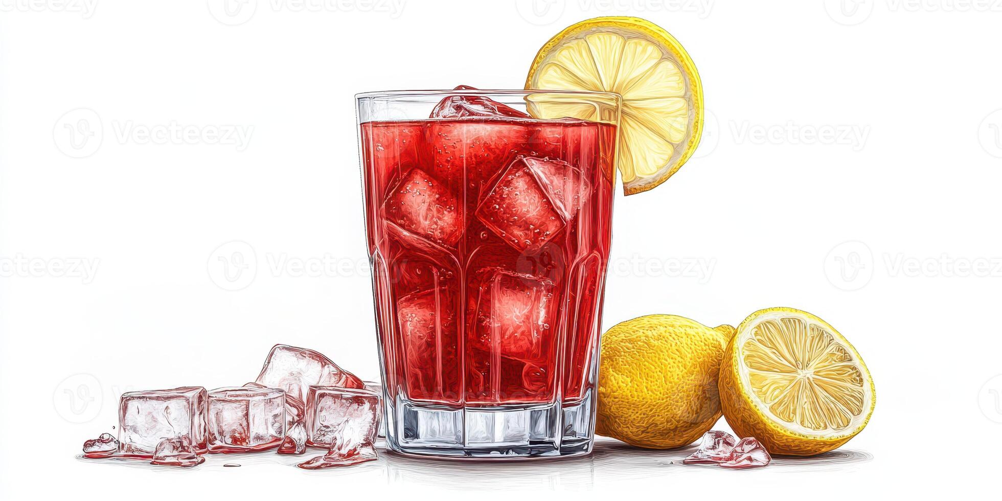 Refreshing drink with lemon and ice in a clear glass on a bright background photo