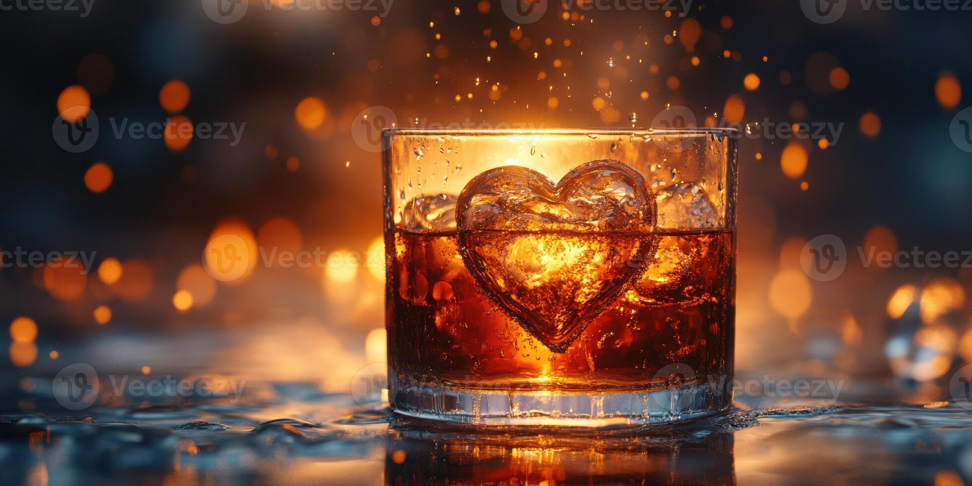 Warm drink served in glass with heart-shaped ice cube and sparkling background at evening gathering photo