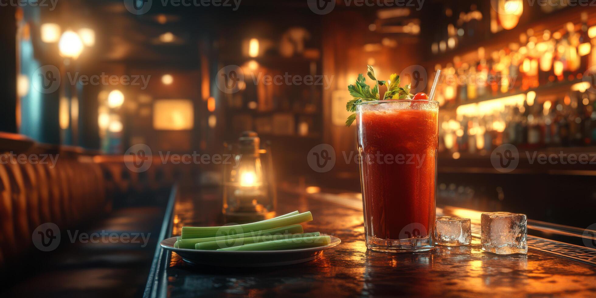 Refreshing Bloody Mary sits on a rustic bar with celery sticks and ice in an intimate evening setting photo