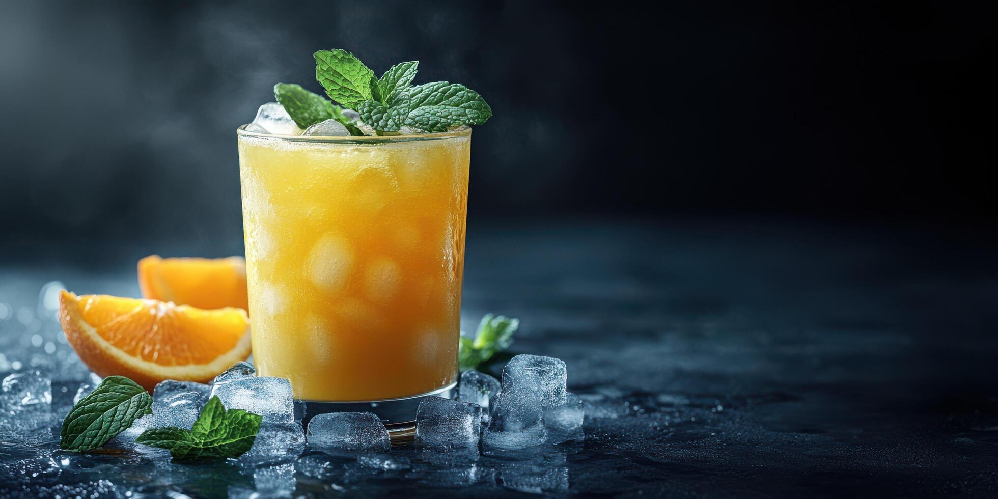 Orange juice with mint leaves and ice cubes photo