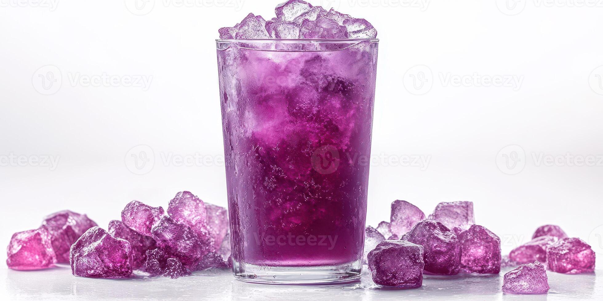 Refreshing purple drink served in a clear glass with ice cubes scattered around on a white background photo