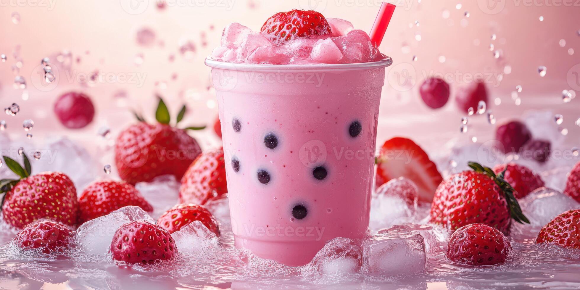Fresh strawberry bubble tea with ice and vibrant berries on display photo