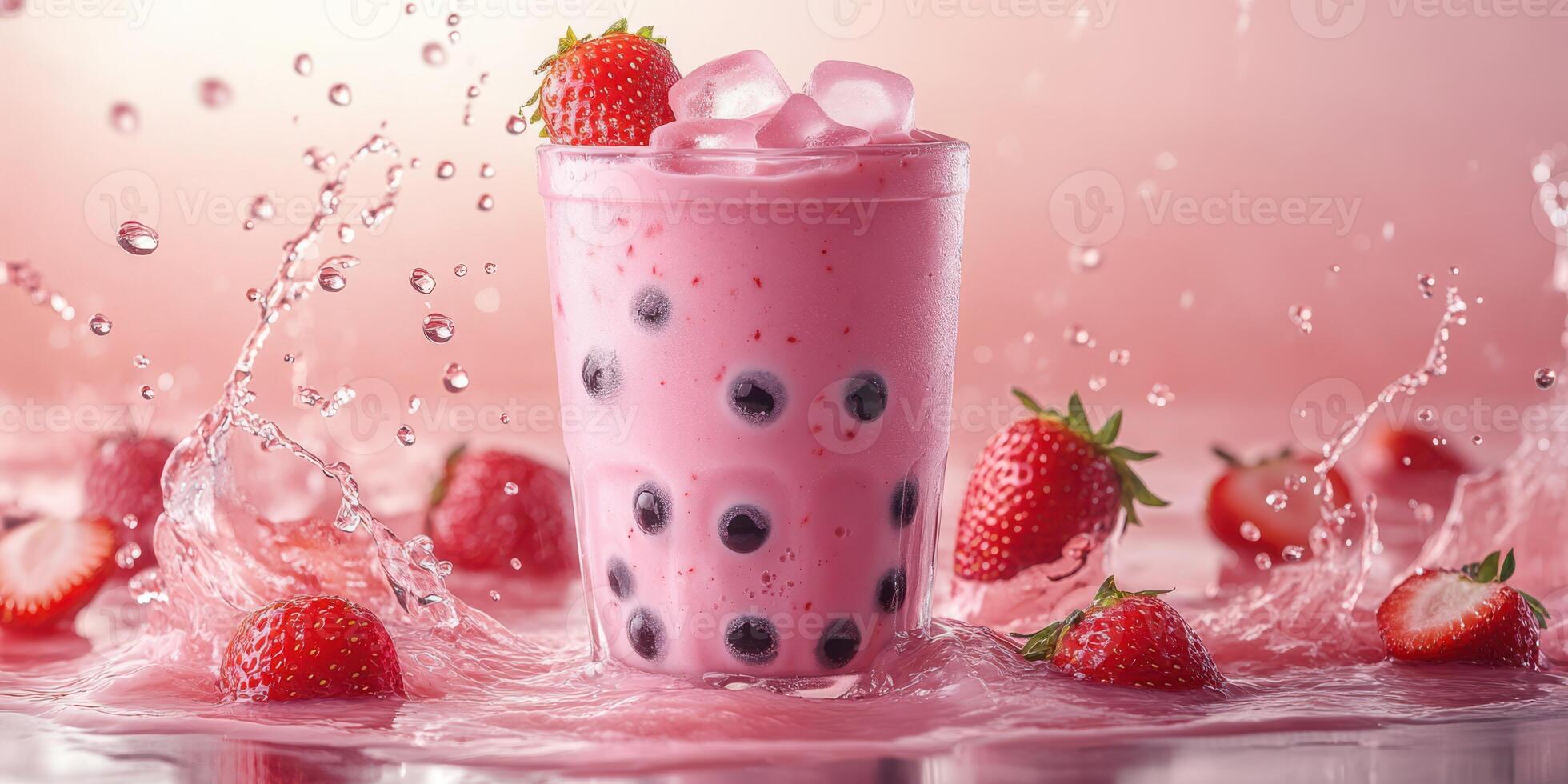 Refreshing strawberry bubble tea drizzled with splashes of water and surrounded by fresh strawberries during a sunny day photo