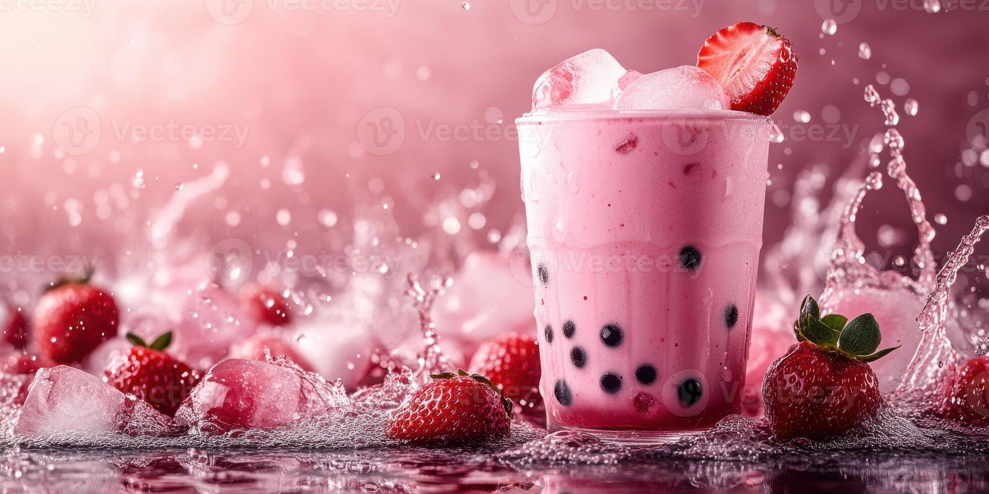Refreshing strawberry bubble tea with ice and splashes on a vibrant background photo