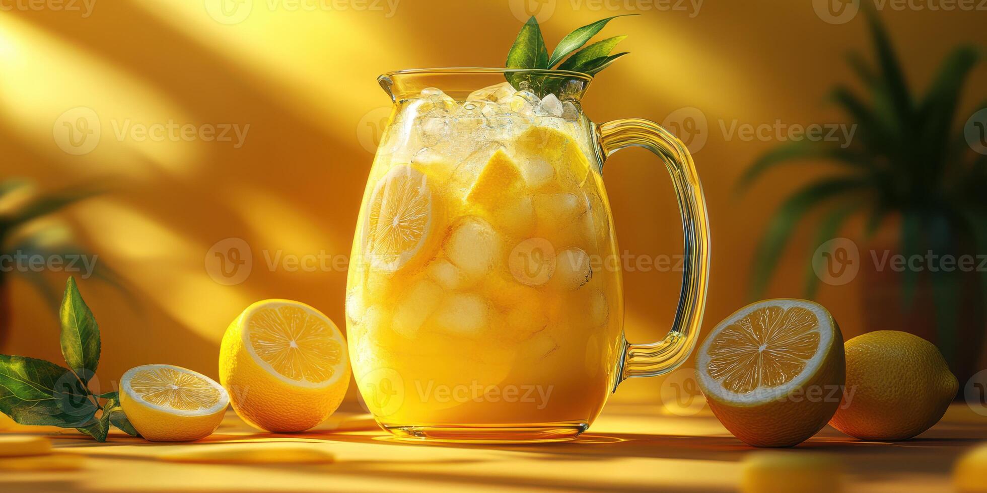 Refreshing pitcher of lemonade with vibrant citrus fruits on a sunny backdrop photo