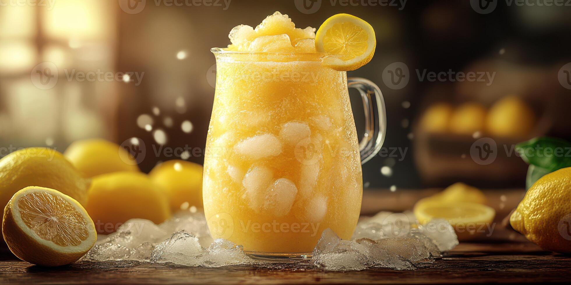 Refreshing lemon slush drink presented in a glass pitcher with frosty ice and vibrant lemons photo
