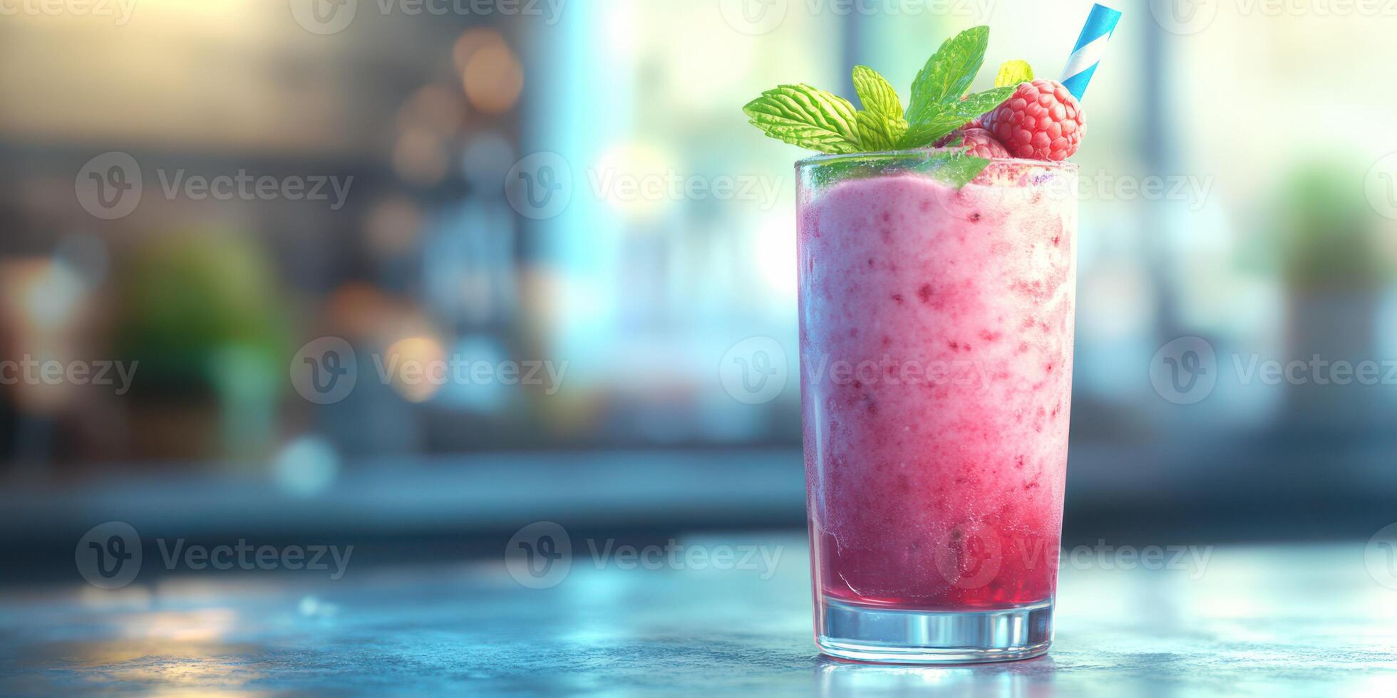 Refreshing raspberry mint smoothie served in a tall glass with a straw and garnished with mint leaves at a cafe photo