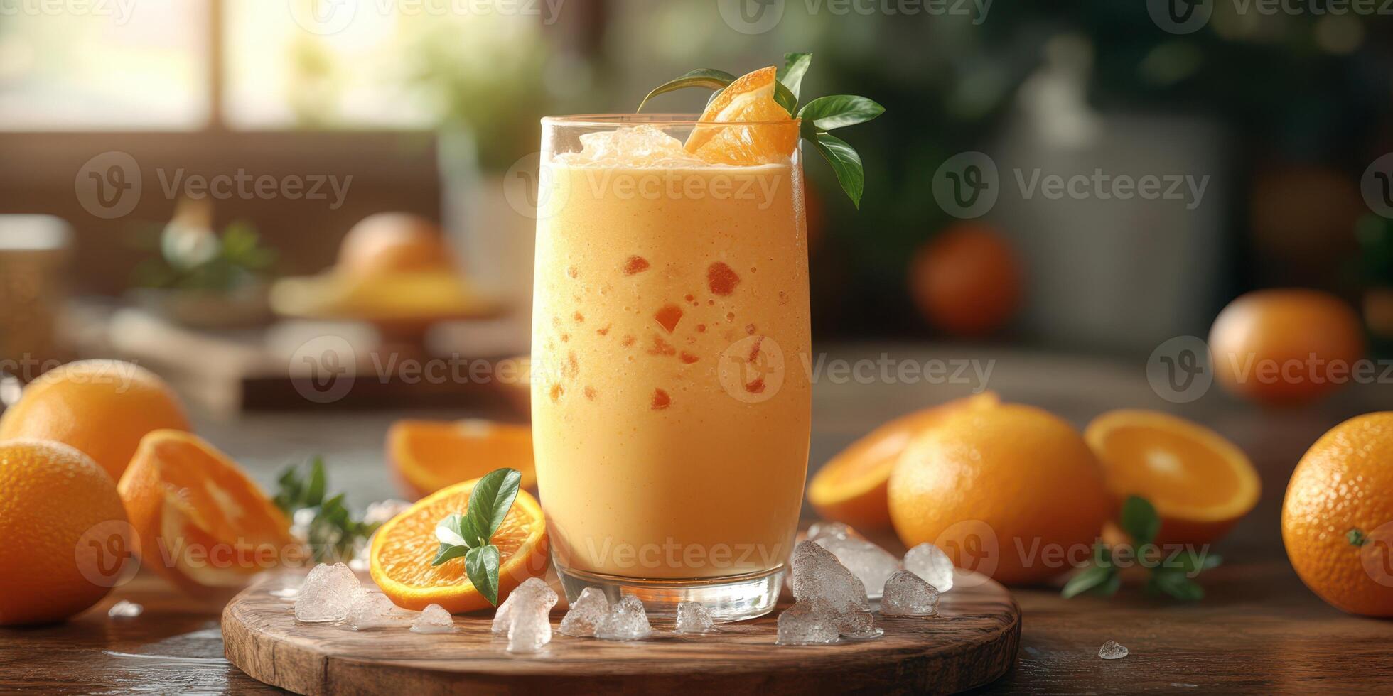 Refreshing orange smoothie served with fresh oranges in a cozy setting during sunny afternoon photo