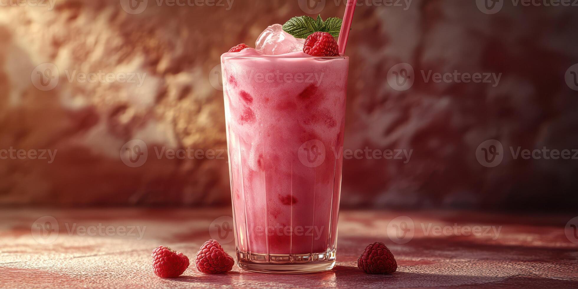 Refreshing raspberry smoothie in tall glass garnished with fresh mint near juicy raspberries on textured surface photo