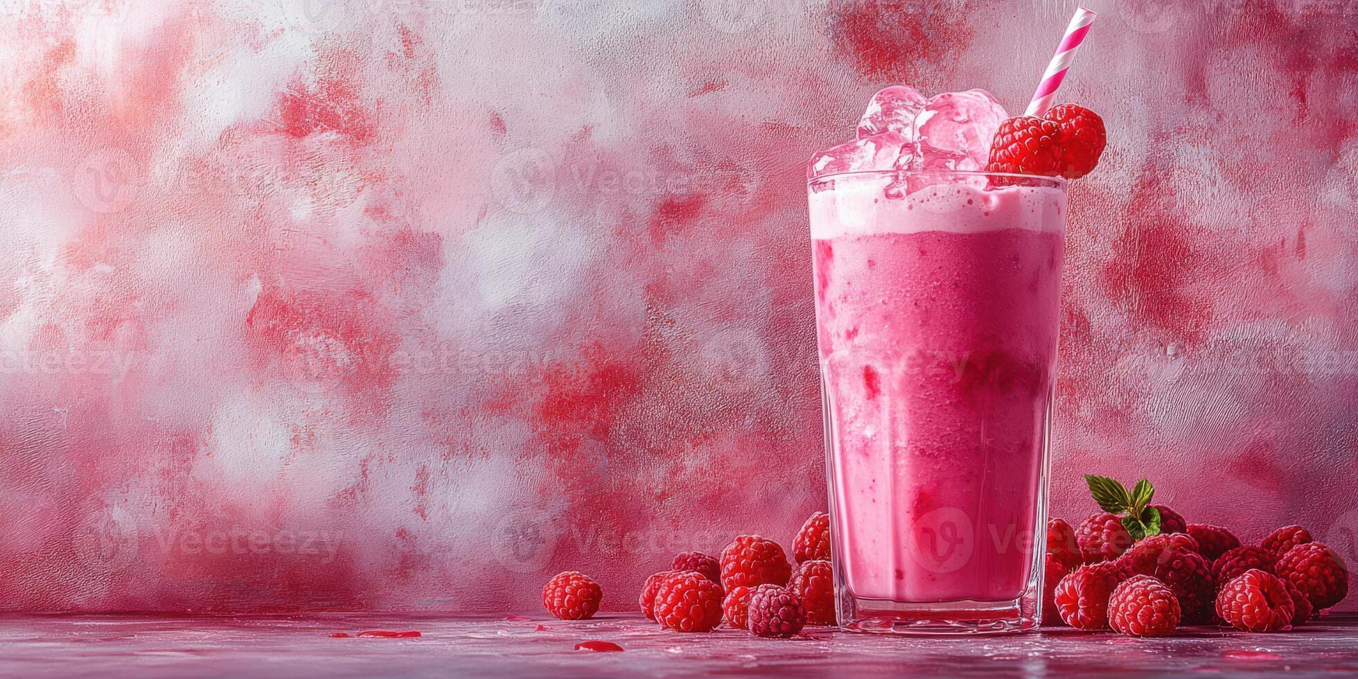 Refreshing raspberry smoothie served with ice and garnished with berries on a pink textured background photo