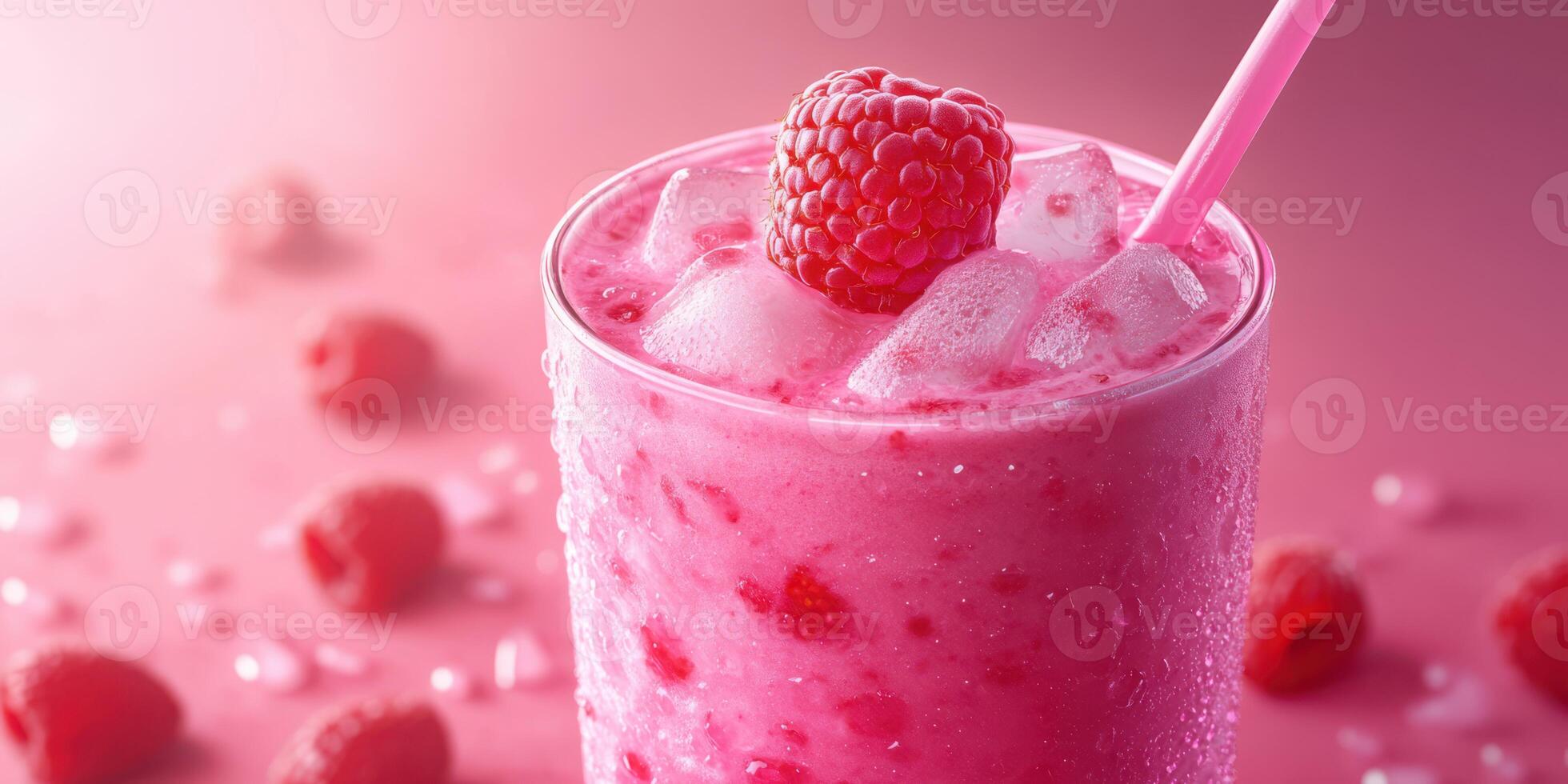 Refreshing raspberry smoothie served in a chilled glass with ice cubes and a straw, perfect for warm days and summer gatherings photo