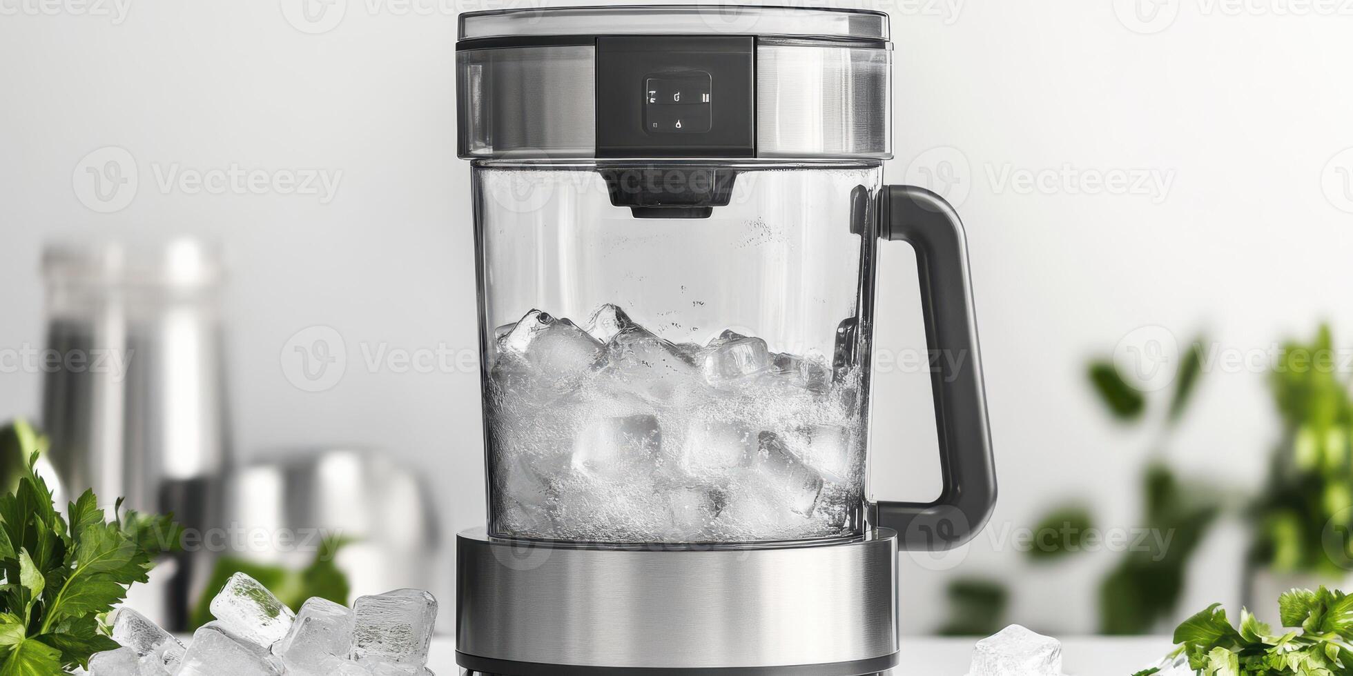 Blender filled with ice ready for refreshing drinks in a modern kitchen setting with plants photo