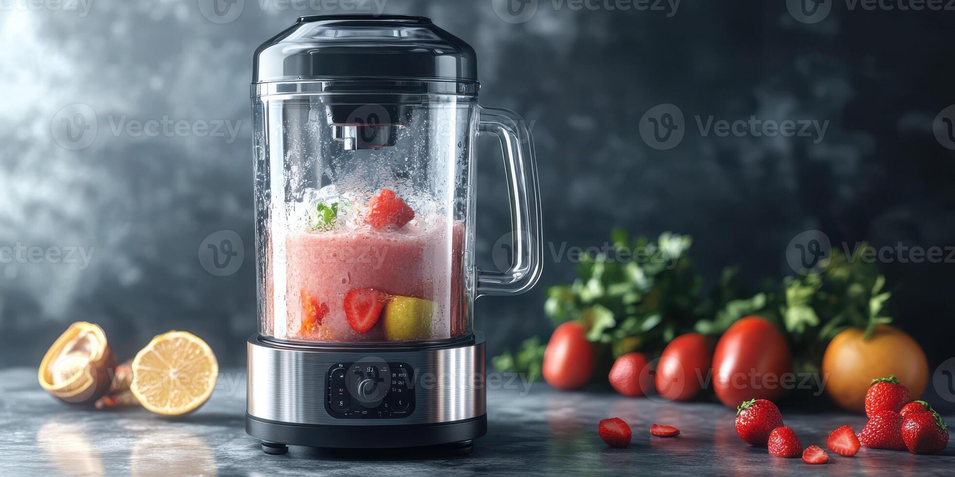 Strawberry and citrus smoothie preparation in a modern blender on a kitchen counter photo